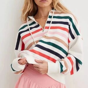 Aerie Restart Quarter Zip Multicolor Striped Preppy Tie Neck Cropped Hoodie S